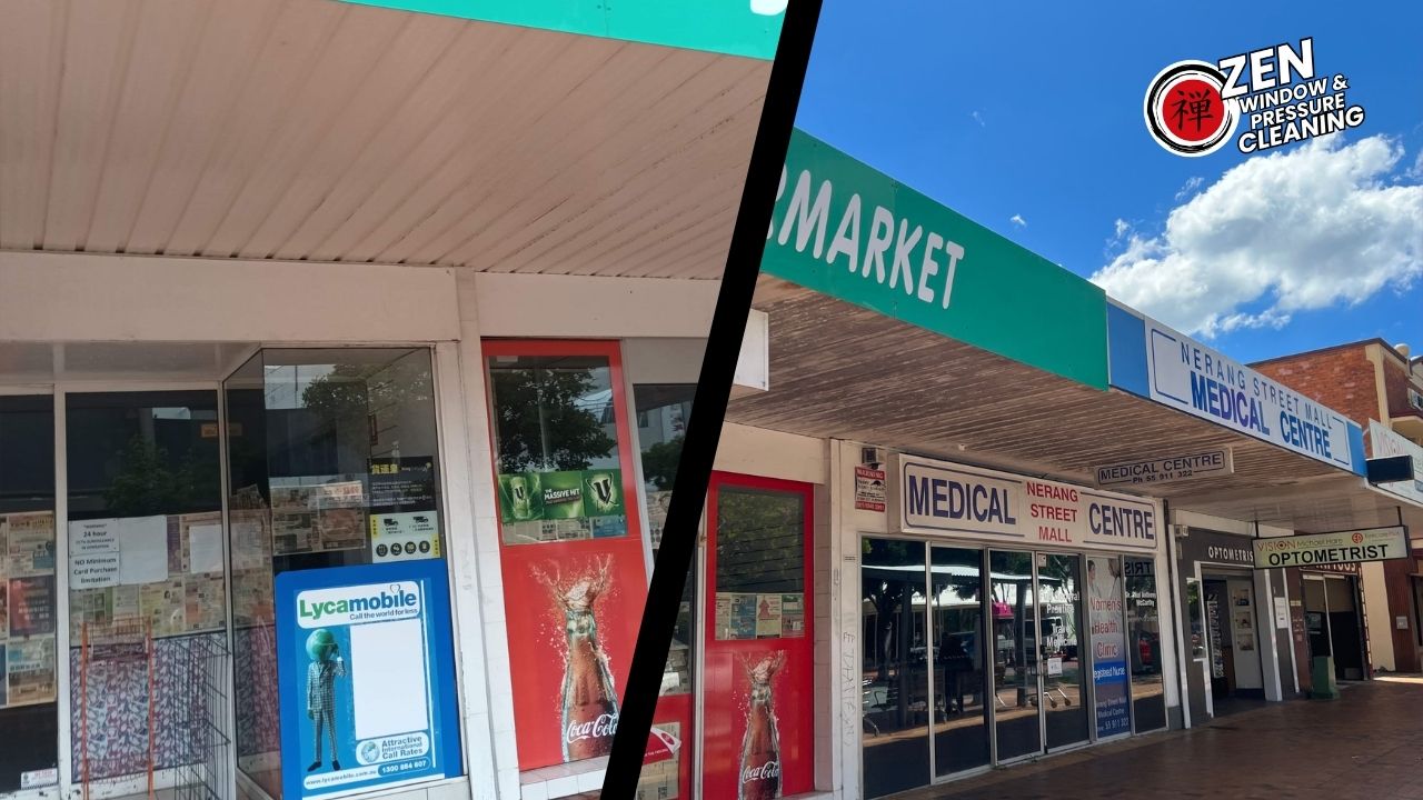 Professional retail shopping centre exterior cleaning on the Gold Coast by Zen Window Cleaning.
