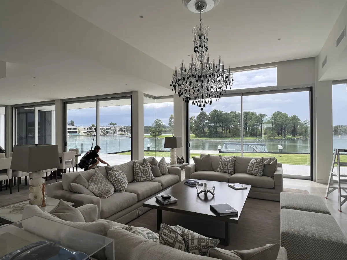 Residential window cleaning on a waterfront property in Hope Island