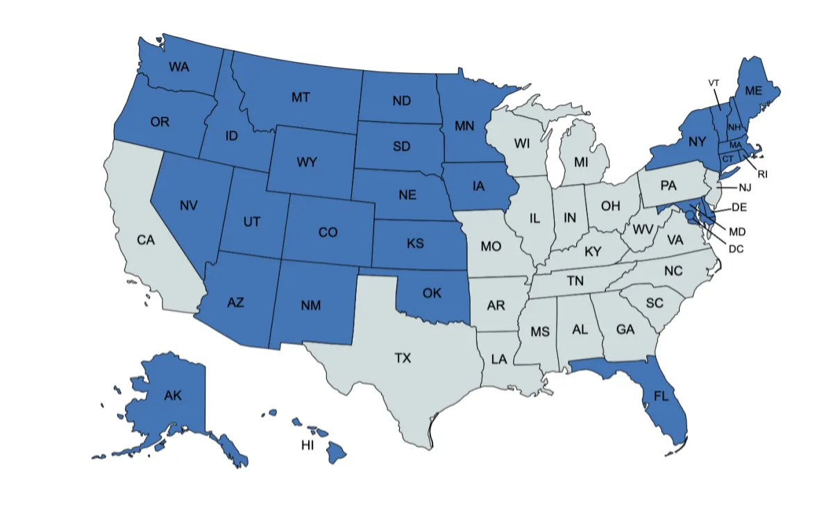 we also serve these states via telehealth: Alaska Arizona Colorado Delaware District of Columbia Florida Hawaii Idaho Iowa Kansas Minnesota Montana Nebraska Nevada New Hampshire New Mexico New York North Dakota Oregon Rhode Island South Dakota Utah Vermont  Washington Wyoming Maine Connecticut Oklahoma Massachusetts Maryland