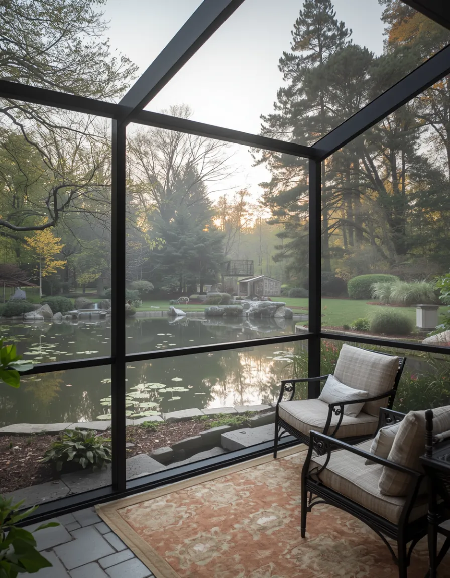 Luxury custom screen room with a dark metal frame, stone flooring, and upscale patio furniture by MTN Sunrooms