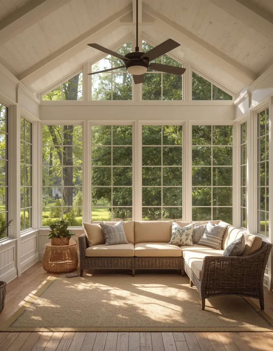 Custom patio sunroom enclosure with a white metal frame and wood paneling on a backyard deck built by MTN Sunrooms in Middle Tennessee
