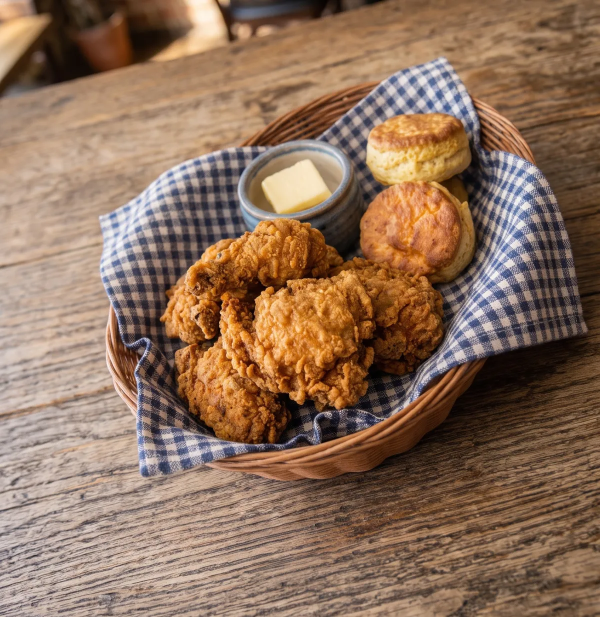 Crispy fried chicken, two golden biscuits, and a small ceramic pot of butter presented in a basket lined with a blue-and-white checkered napkin, set on a wooden table.
