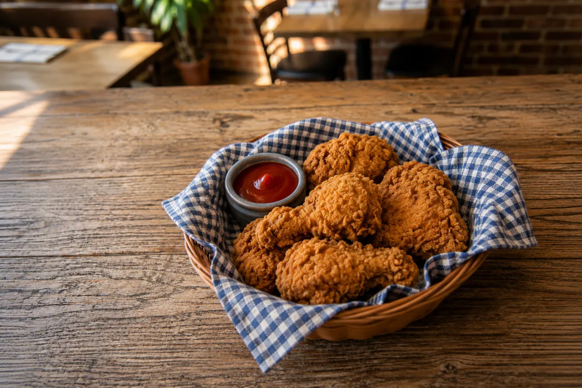 Crispy fried chicken served in a basket with ketchup at a cozy restaurant