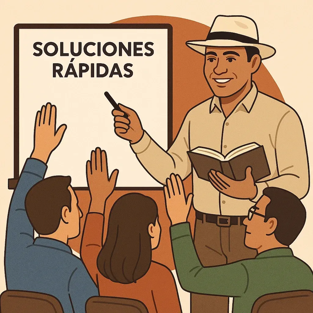 Caricatura de Manolo contestando preguntas a los miembros
