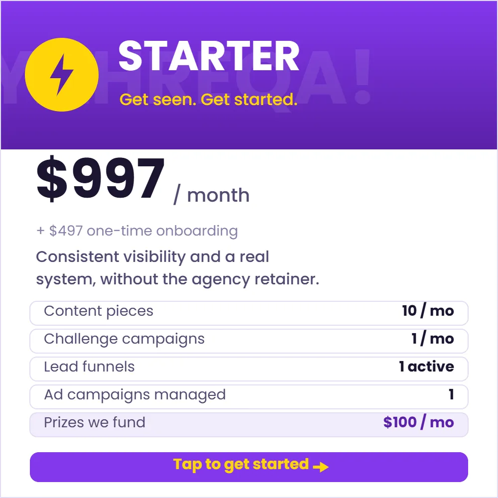 Starter package: $997 a month plus $497 one-time onboarding. Tap to get started.