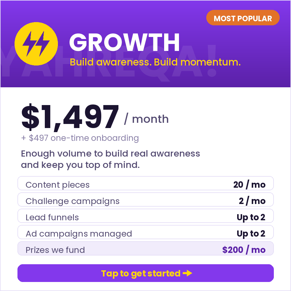 Growth package, most popular: $1,497 a month plus $497 one-time onboarding. Tap to get started.