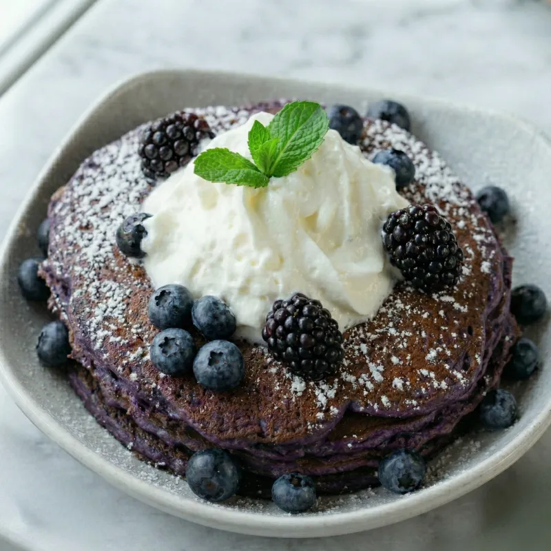 Ube Pancakes brunch menu item at Easy Like Sunday in Greensboro NC
