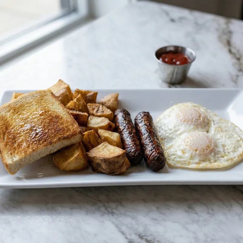 Two eggs and meat breakfast plate at Easy Like Sunday in Greensboro NC