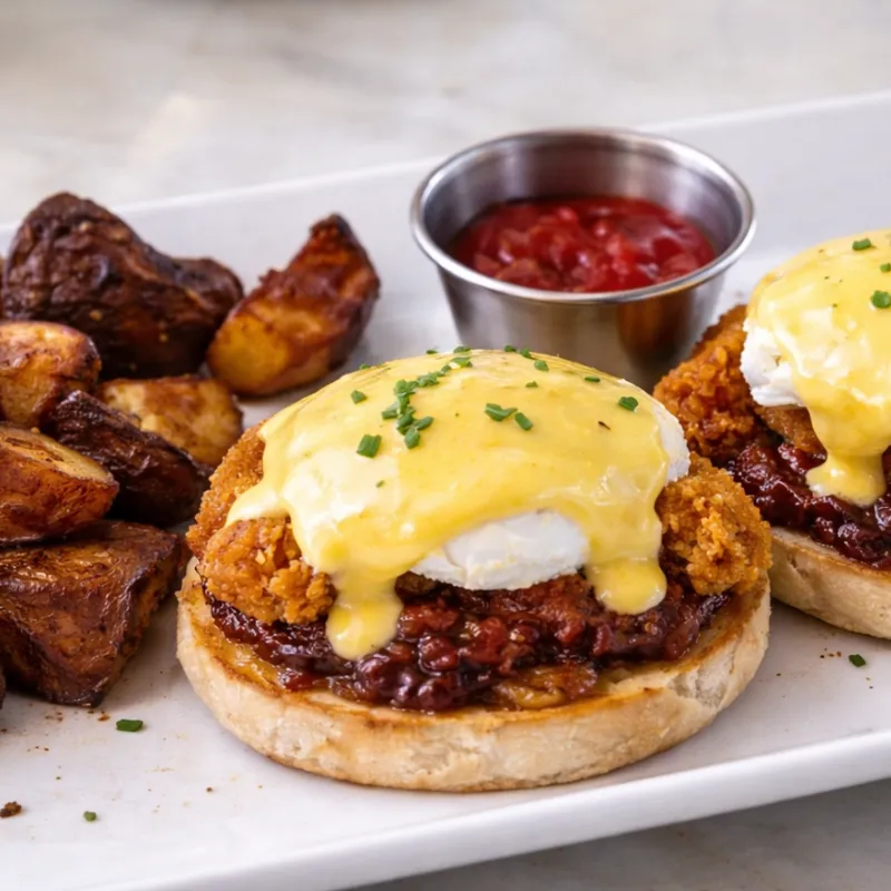 Fried chicken benedict brunch dish at Easy Like Sunday in Greensboro NC