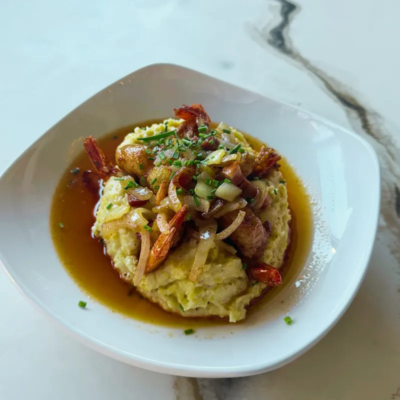 Shrimp and grits brunch entree at Easy Like Sunday in Greensboro NC