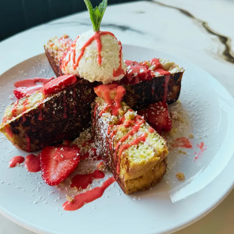 Strawberry Shortcake Stuffed French Toast brunch menu item at Easy Like Sunday in Greensboro NC