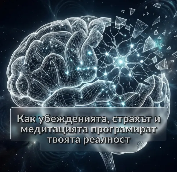 холографски мозък с неврони в синьо с текст как убежденията страхът и медитацията програмират реалността