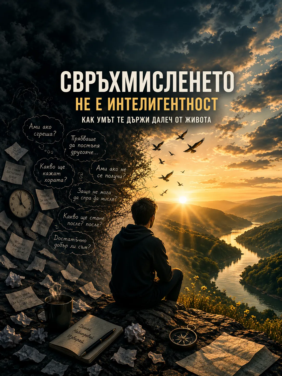 мъж медитира на скала