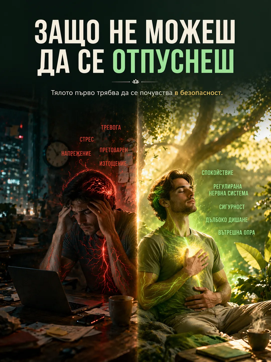 мъж в ляво отчаян, и мъж в дясно медитира в спокойствие