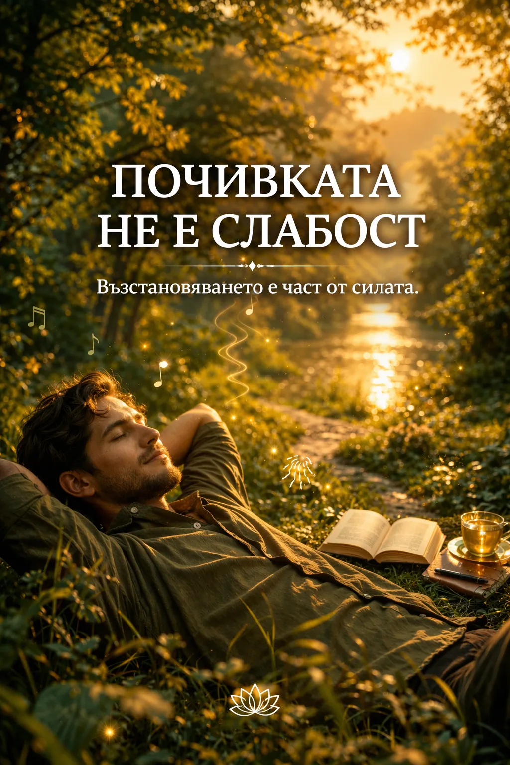 мъж лежи на поляна и се наслаждава на живота