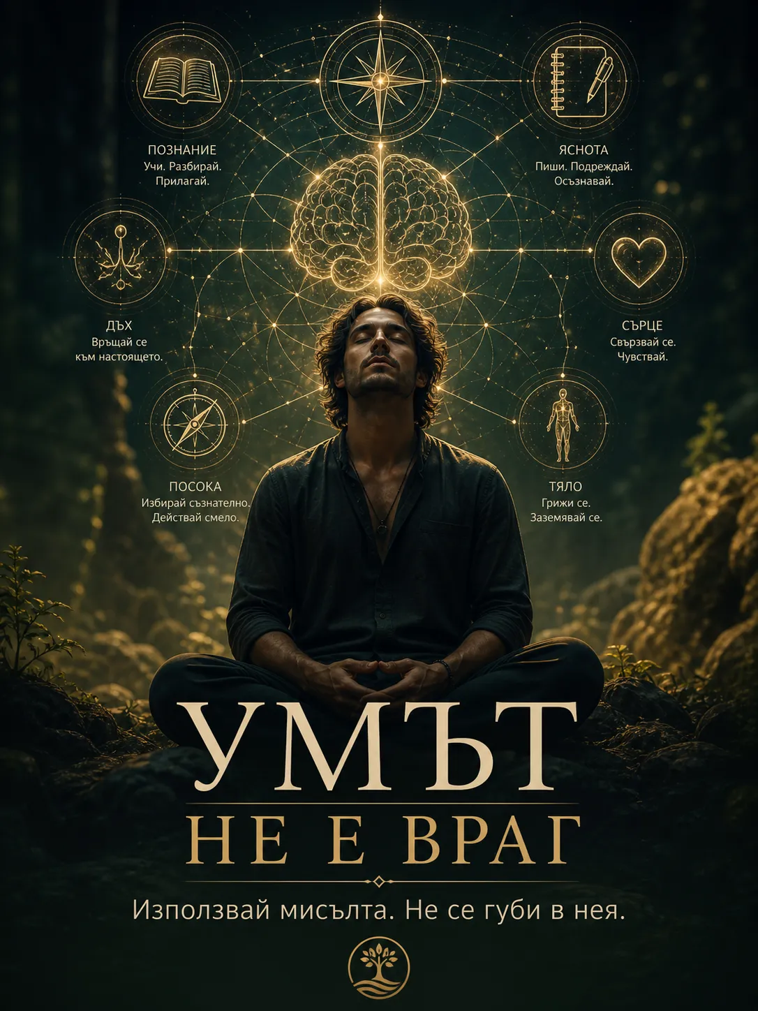 човек медитира и над него графика на мозък