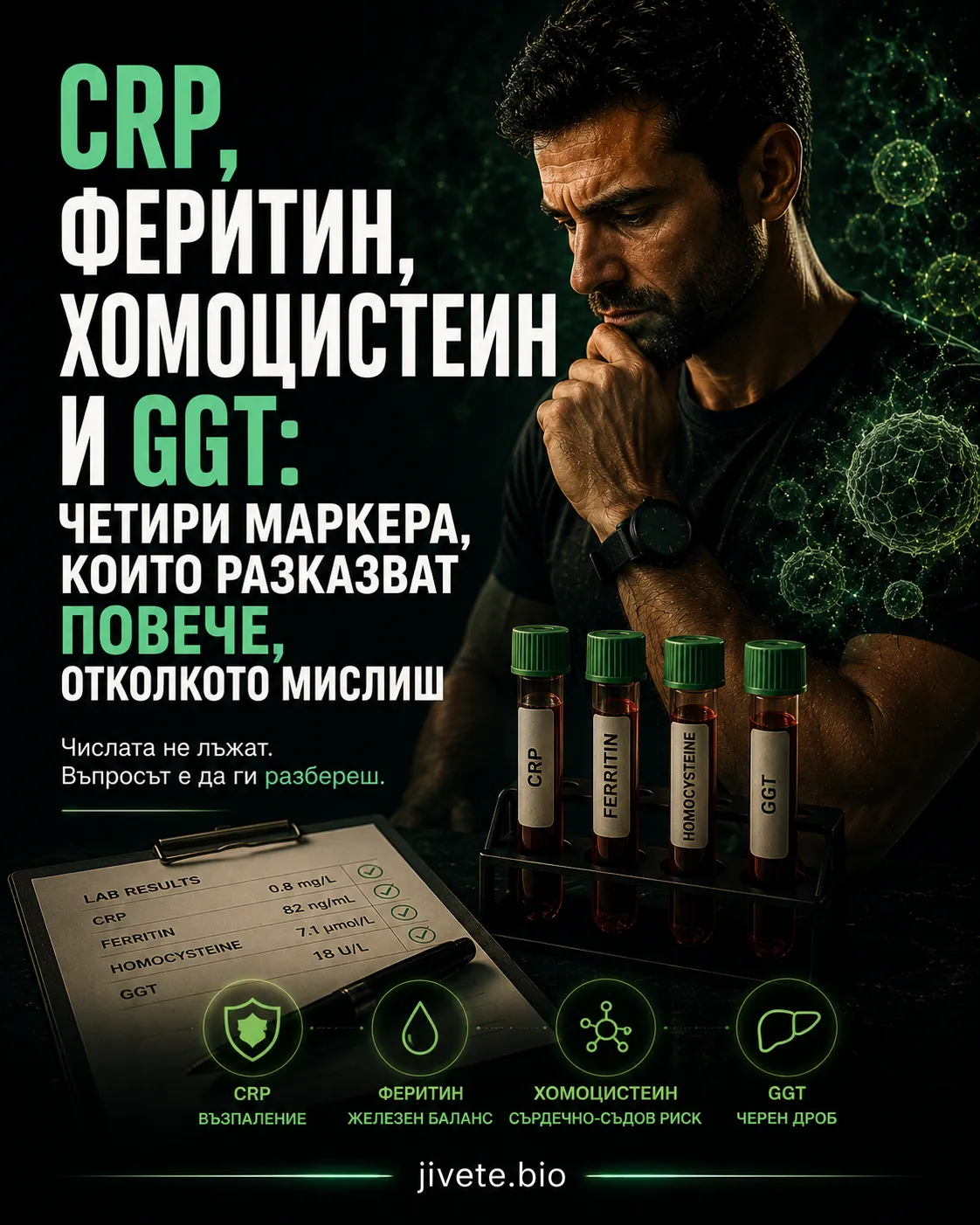 CRP, феритин, хомоцистеин и GGT, графика на мъж който си чете лабораторните изследвания, до него има епруветки с кръв