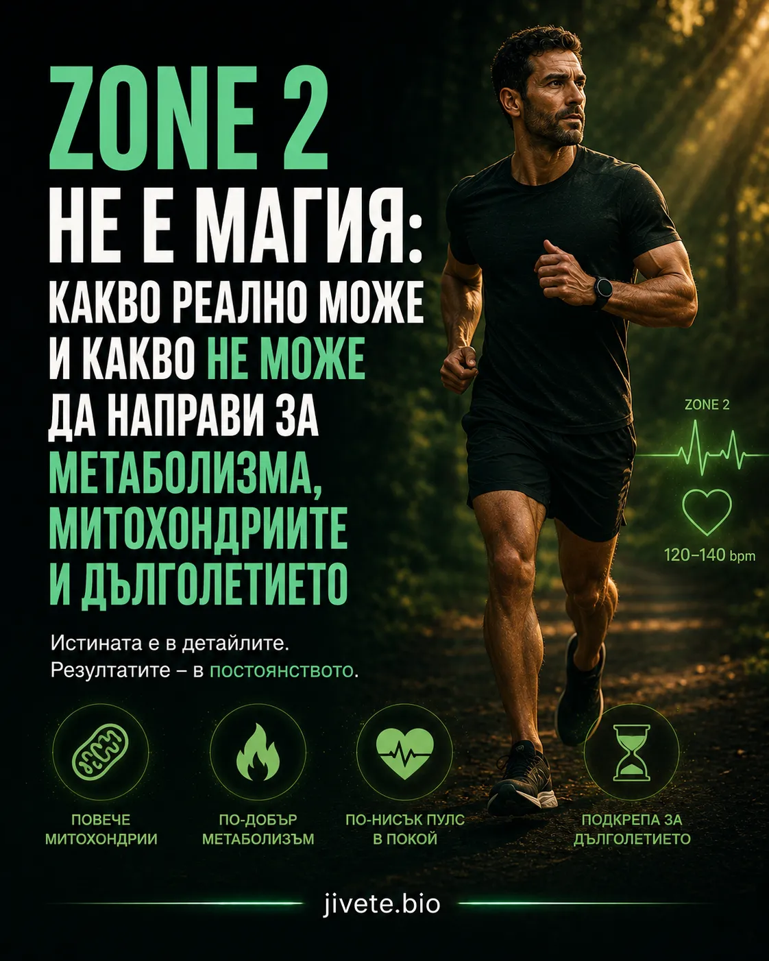 Графика на мъж който тича за здраве, текст: Zone 2 не е магия