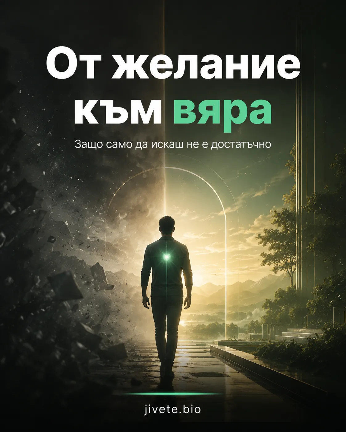 От желание към вяра, илюстрира човек от лявата му страна е миналото от дясната бъдещето