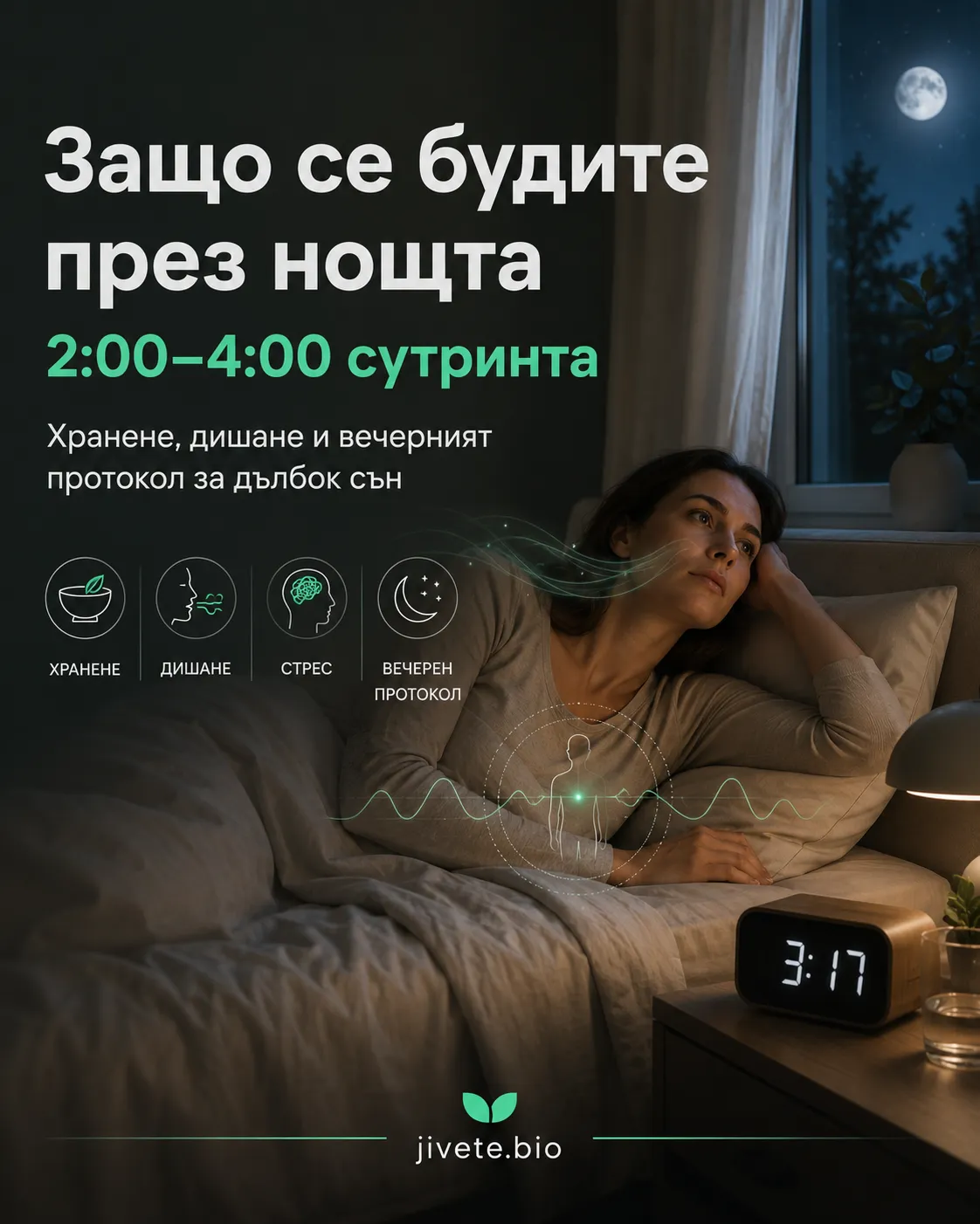 Жена будна в леглото в 3:17 през нощта, с визуални елементи за хранене, дишане, стрес и вечерен протокол за по-дълбок сън.
