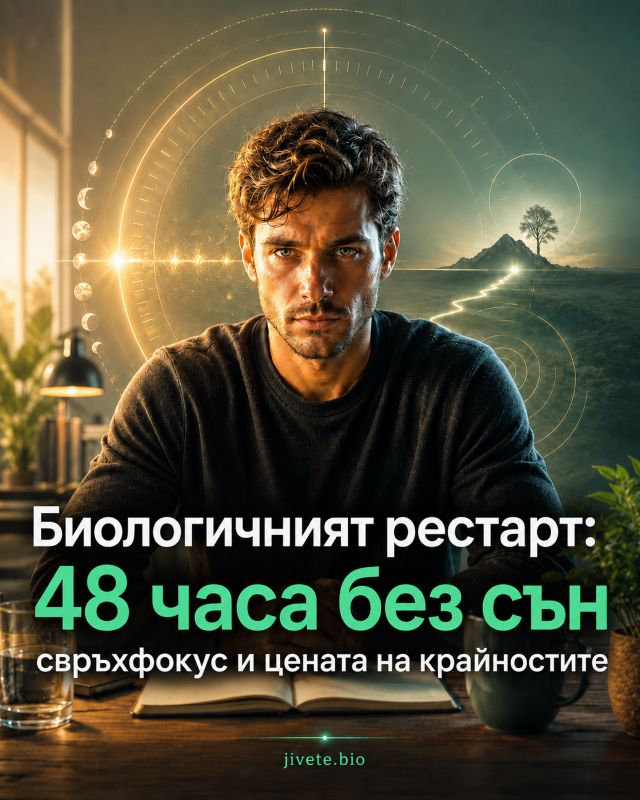 Биологичният рестарт: мъж пред светещ часовников циферблат, символизиращ 48 часа без сън, свръхфокус, биохакинг на съня и цената на крайностите.