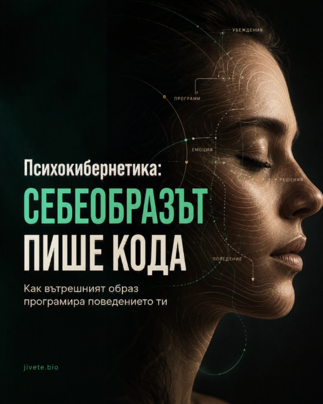 Hero изображение за статия „Психокибернетика: Себеобразът пише кода“ с кинематографичен профил на човек със затворени очи, върху който са изобразени фини линии, стрелки и символи за убеждения, програми, емоции, решения и поведение. Текстът гласи: „Психокибернетика: Себеобразът пише кода“ и „Как вътрешният образ програмира поведението ти“, с jivete.bio в долната част.