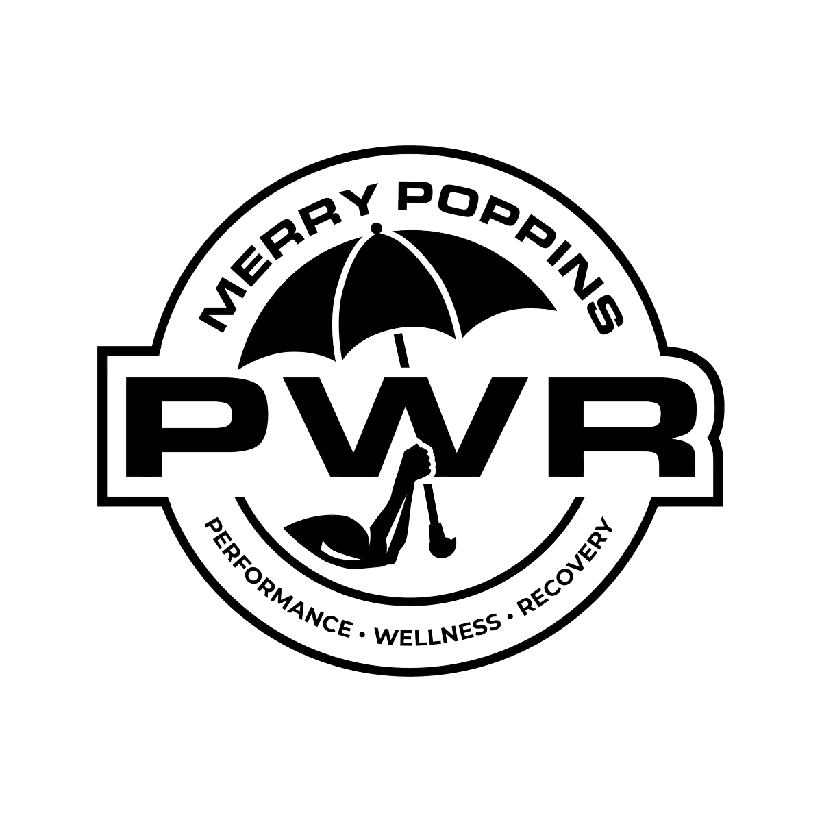 Merry Poppins PWR logo. Umbrella being held by a strong bicep. Mentoring and products for performance, wellness, and recovery