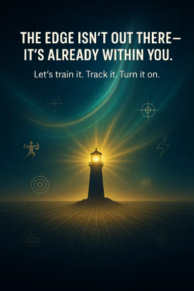 A glowing lighthouse stands tall in a cosmic night sky, radiating golden light and subtle ripples, symbolizing inner guidance, strength, and the call to return to Overflow. “The edge isn’t out there — it’s already within you.”