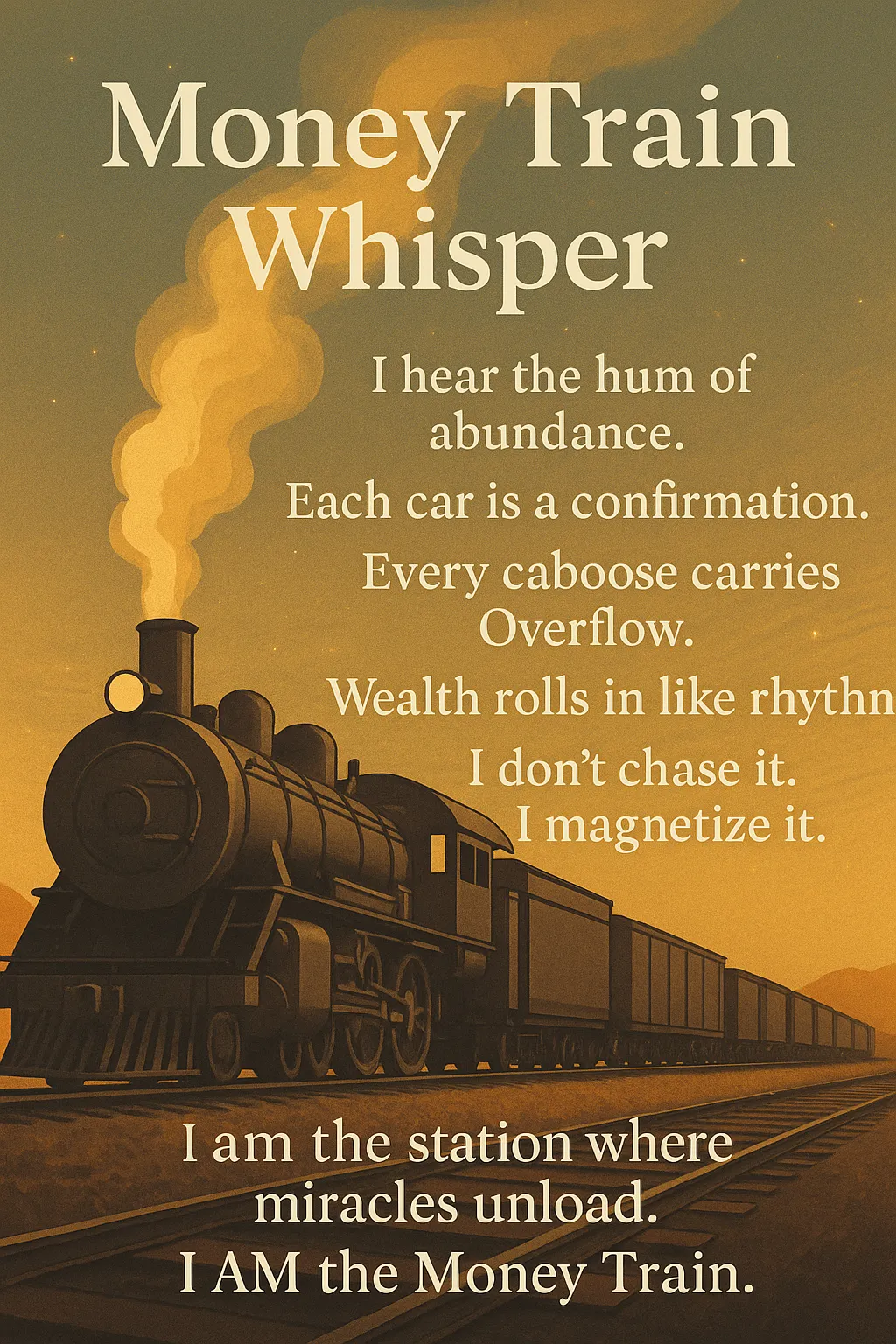 Cover of the Money Train Whisper Kit showing a vintage steam train at sunset, with golden light streaming across the tracks and bold typography inviting readers to embrace Overflow.