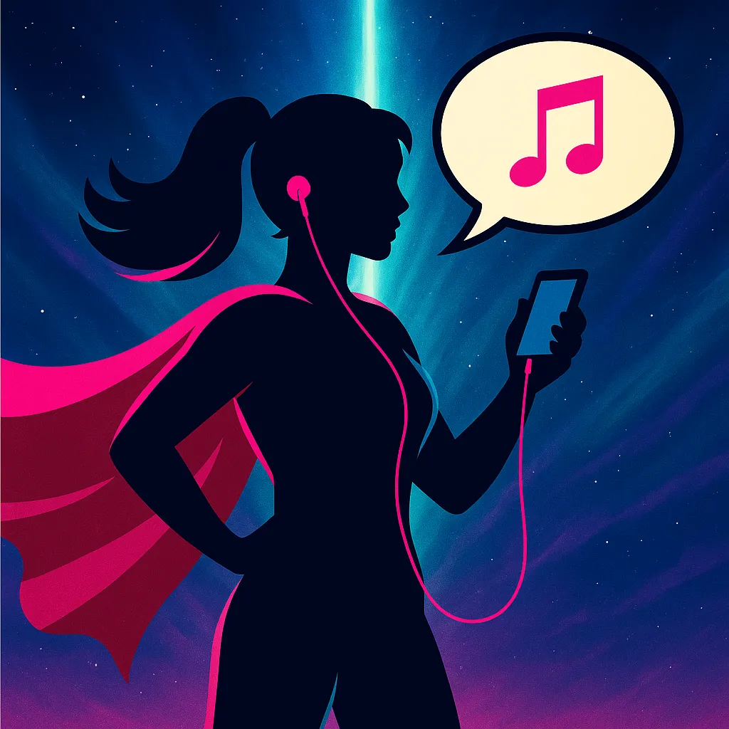 PWR Hero listening to Inner Voice. Phone in her hand with ear bugs on her ears.