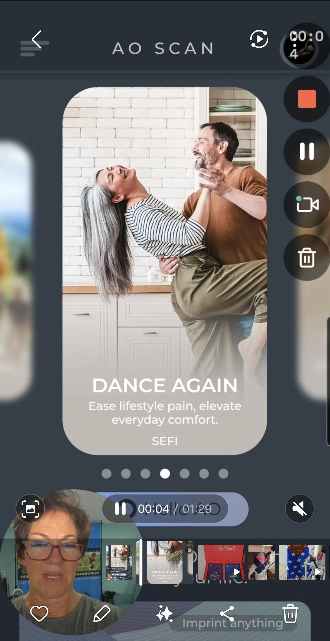 Suzanne Beninate demonstrating the AO Scan platform featuring Inner Voice. The visual is a man and woman dancing in the kitchen. Suzanne in bottom corner. Links to private YouTube video demonstrating how Inner Voice works.