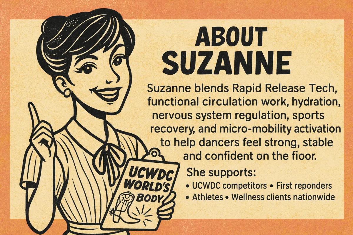 A comic style About Suzanne: she lends Rapid Release Tech, functional circulation work, hydration, nervous system regulation sports recovery and micro-mobility activation to help dancers feel strong, stable and confident.