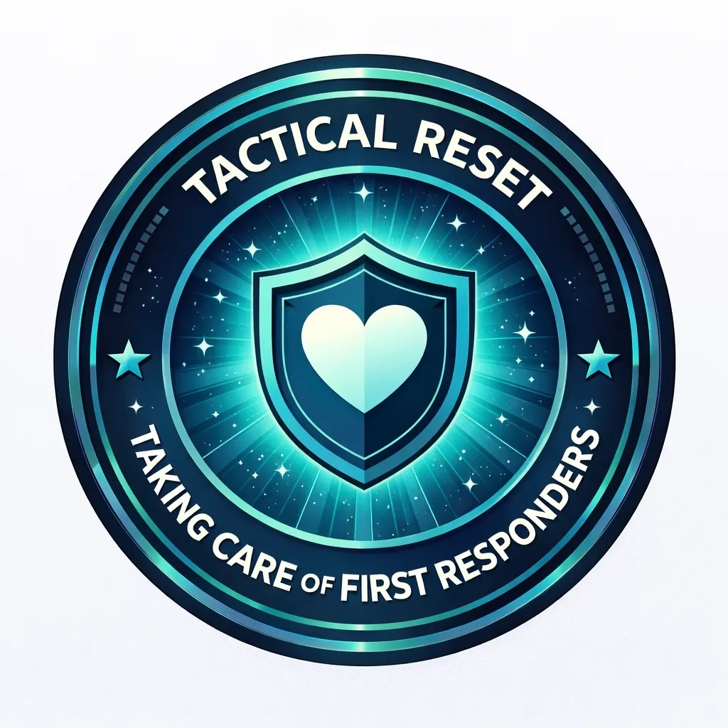 Tactical Reset circular badge with a shield and heart icon, representing calm strength, resilience, and care for first responders.