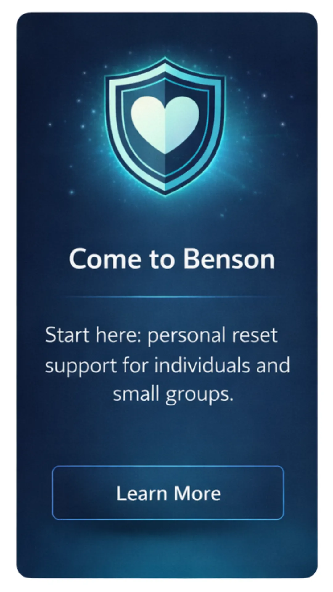 Come to Benson card representing in-person Tactical Reset sessions for individuals, couples, and professionals seeking hands-on stress relief.