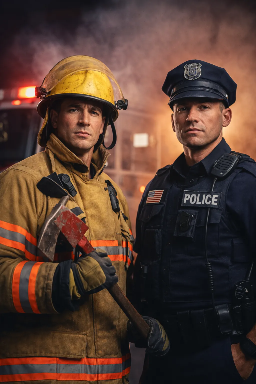 Firefighter and police officer representing first responders supported through Tactical Reset wellness services.