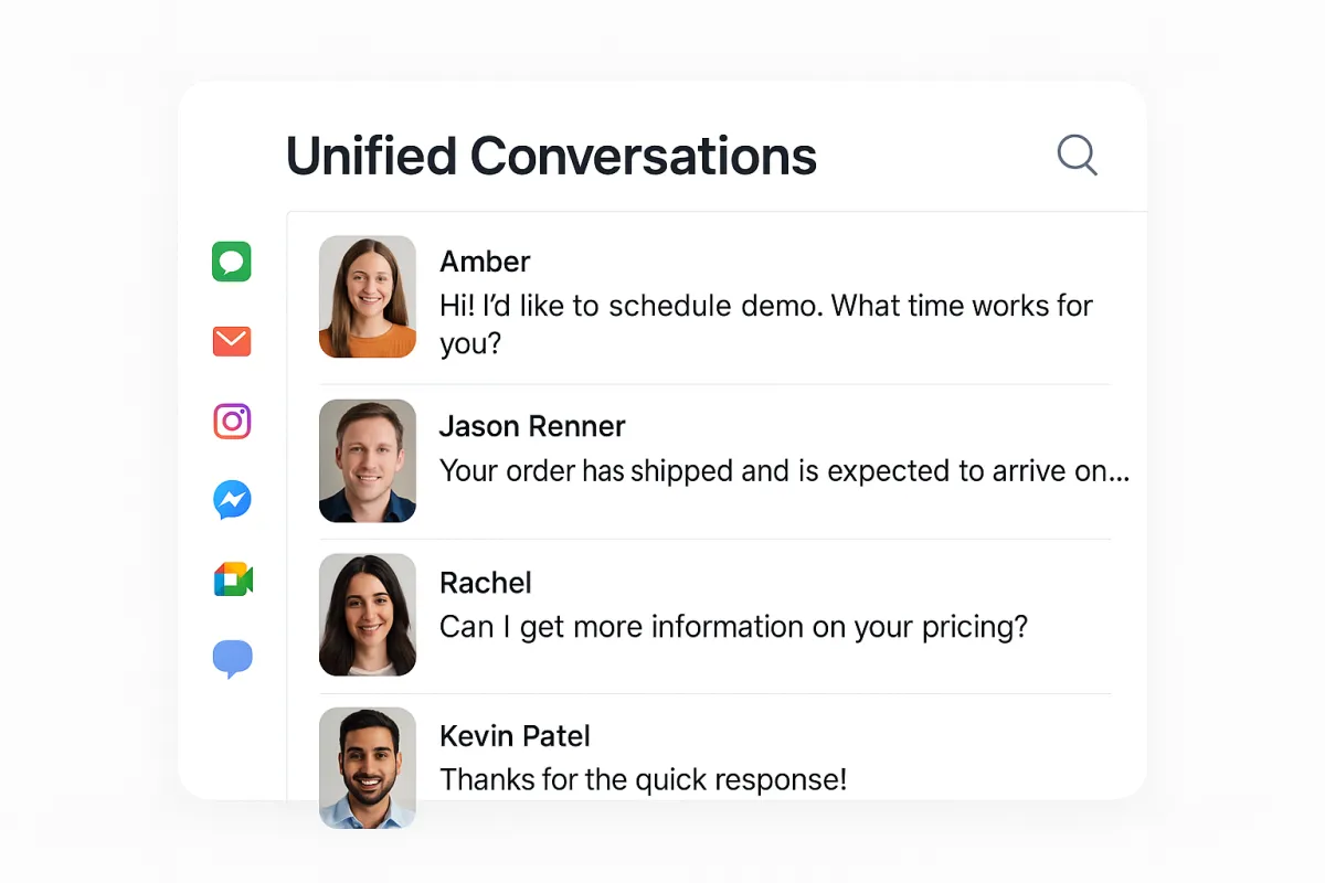 Dashboard labeled ‘Unified Conversations’ showing a clean, light-mode inbox with real profile photos and message previews from four customers. A vertical sidebar displays icons for SMS, email, Instagram, Facebook Messenger, Google Business Messages, and web chat.