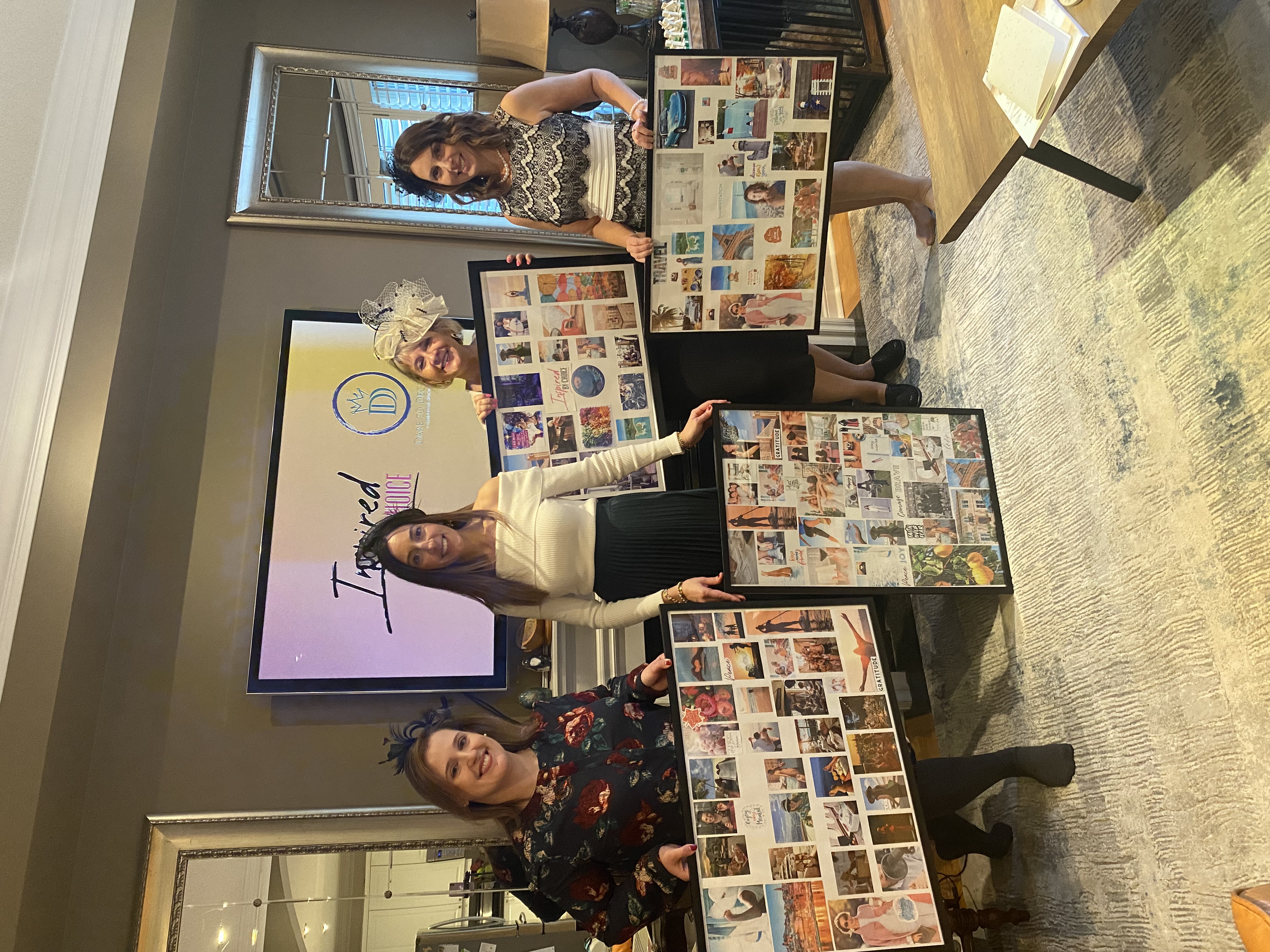 Person arranging images and words on a colorful vision board during a guided workshop