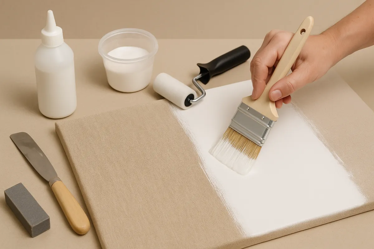 Naturleinen 420 g/m² halb grundiert: Weißgrund wird mit Flachpinsel aufgetragen; PVA, Roller, Spachtel und Schleifklotz liegen bereit.
