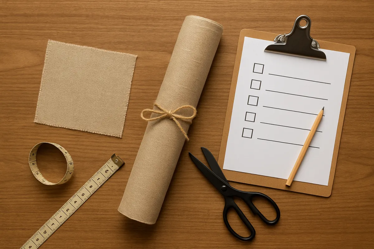 Gerollte Naturleinen-Meterware mit Musterstück, Maßband, Schere und Checkliste – symbolisiert Zuschnitt, Angebot und Versand.
