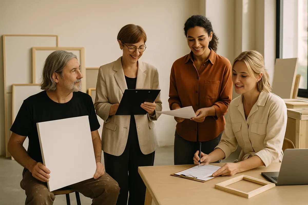 Gerollte Leinwand, Keilrahmenleisten, Maßband, Bleistift und Karte – symbolisiert Zuschnitt, Maßangaben und Bestellung.