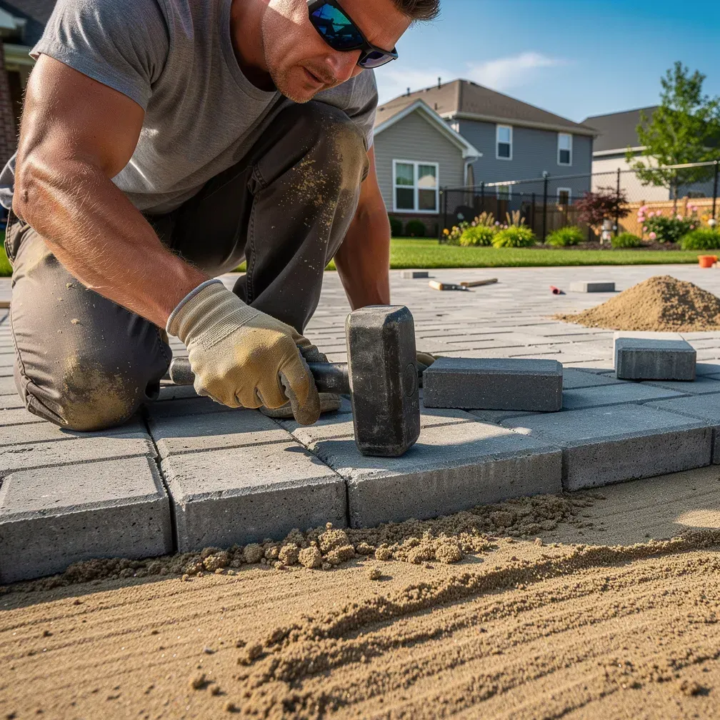 Contractor installing pavers on a patio project in Beckett Ridge, Ohio