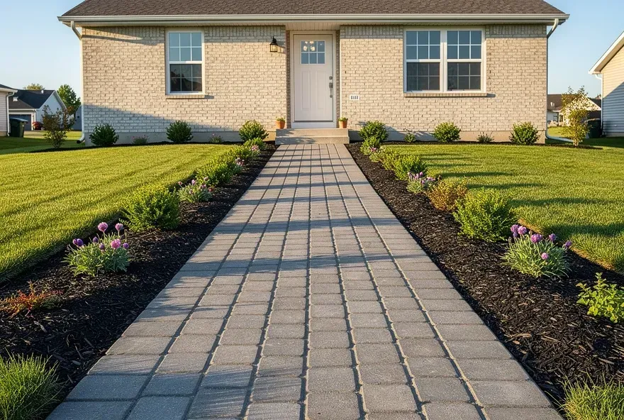 Finished paver sidewalk leading to a home's entrance in Beckett Ridge, Ohio