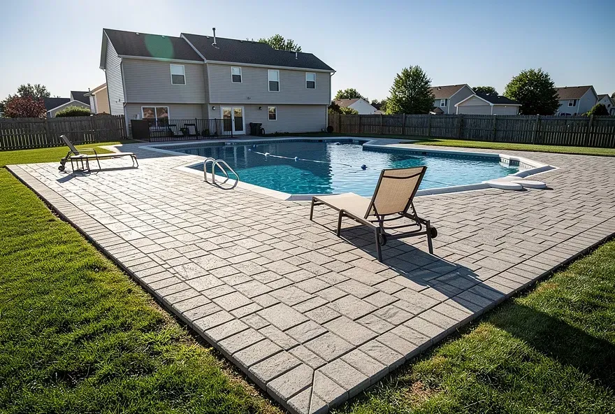 Finished paver pool deck at a backyard pool in Beckett Ridge, Ohio