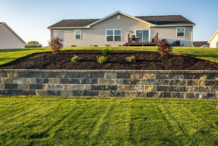 Finished retaining wall in a backyard landscape in Beckett Ridge, Ohio