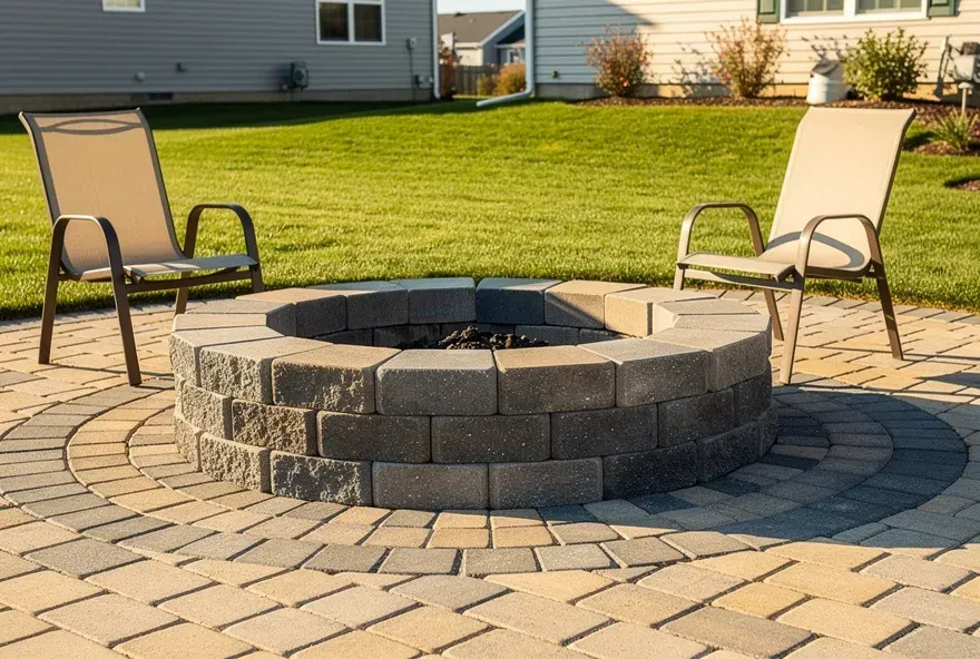 Finished paver fire pit on a backyard patio in Beckett Ridge, Ohio