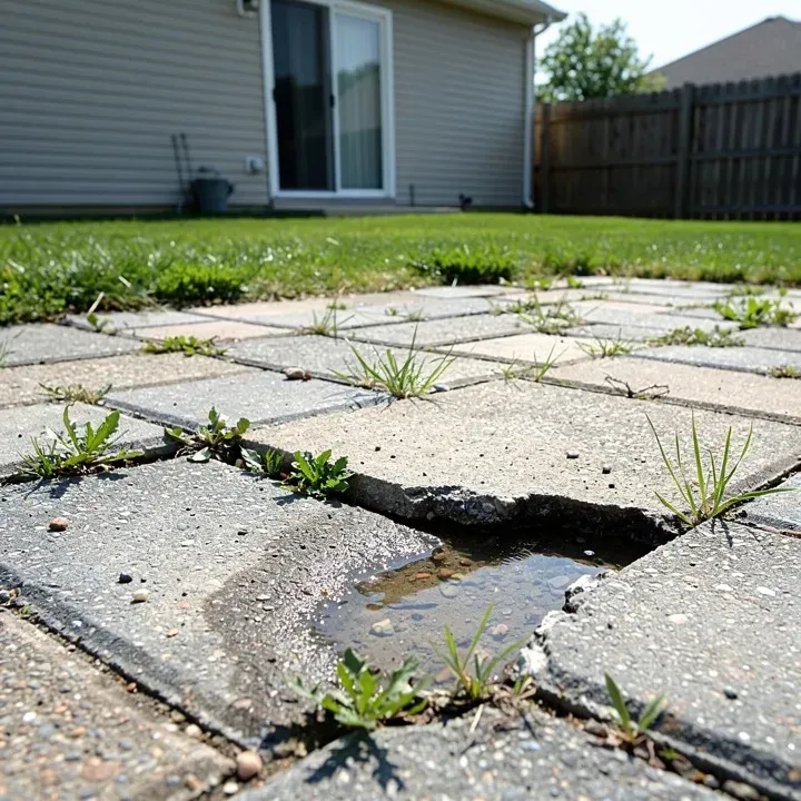 Sunken and uneven paver patio showing common wear and damage