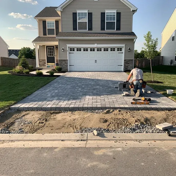 Paver driveway installation in progress at a home in Beckett Ridge, Ohio