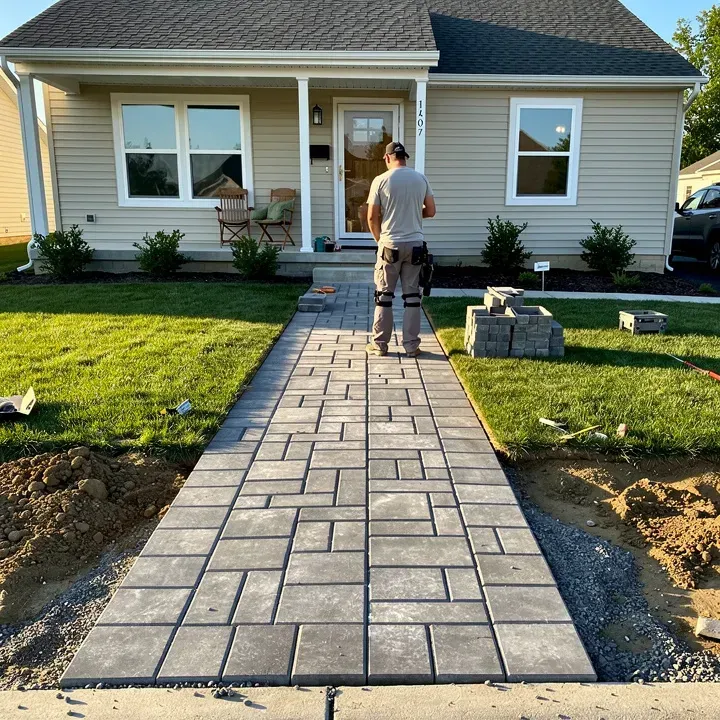 Paver sidewalk installation in progress at a home in Beckett Ridge, Ohio