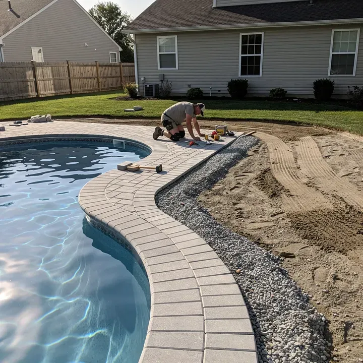 Paver pool deck installation in progress around a backyard pool in Beckett Ridge, Ohio