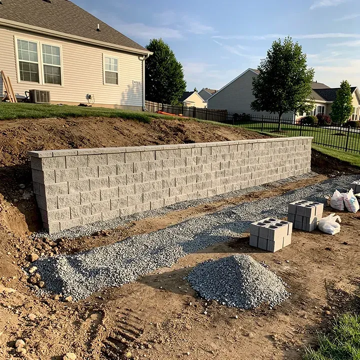 Retaining wall installation in progress on a sloped yard in Beckett Ridge, Ohio
